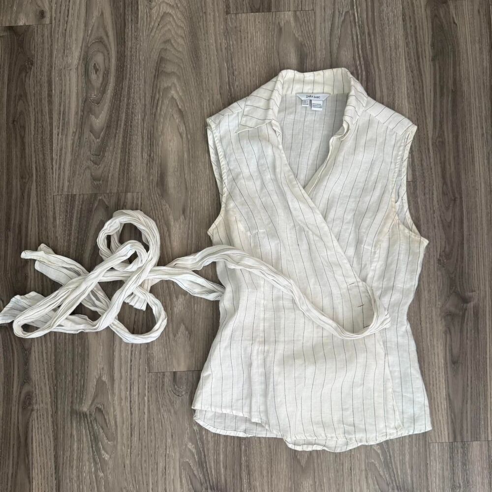 Zara white Linen pinstripe Ramie Wrap Top with tie waist Minimalist Sleeveless